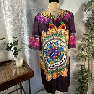 Phoebe Couture Colorful Boho Mandala 109% Silk Dress with Tassels Size 6